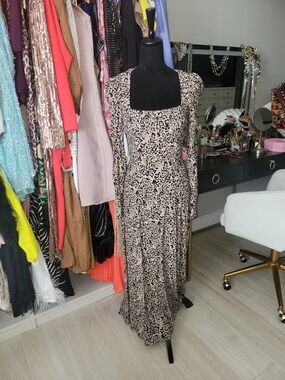 Zara Beige and Black Animal Print Long Sleeve Maxi Dress